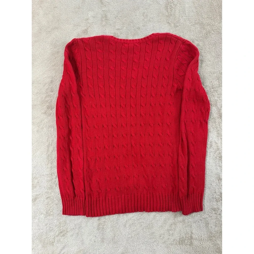 Vintage Ralph Lauren Sweater Mens M Red Cable‎ Knit V-Neck Navy Pony Logo EUC